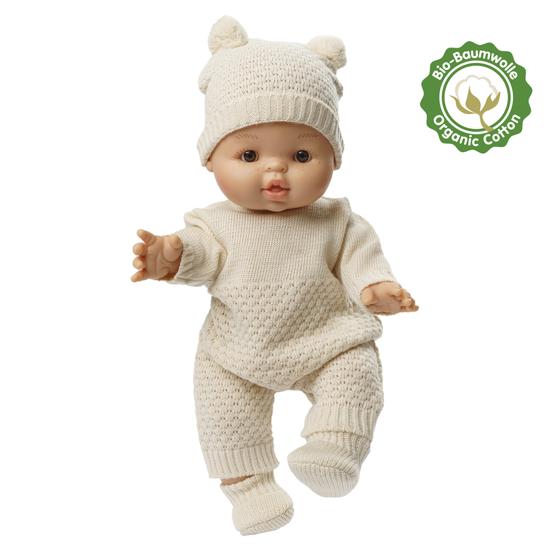 Puppen-Strickset mit Bommelmtze und Strickschuhen aus 100 Bio-Baumwolle 2-teilig, Gr. 35-45 cm