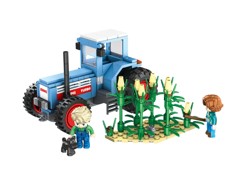 Der Turbo Tracktor aus Klemmbausteinen mit einem Feld und zwei Kiddiz Minifiguren