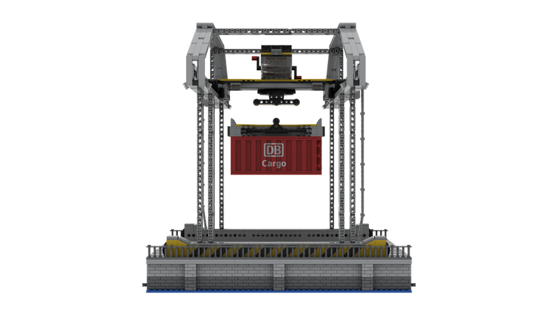 Um Container in der Klemmbausteinstadt zwischen Bahn, Schiff und LKW zu wechseln bracuht es einen Containerkran wie diesen im DB deutsche Bahn design