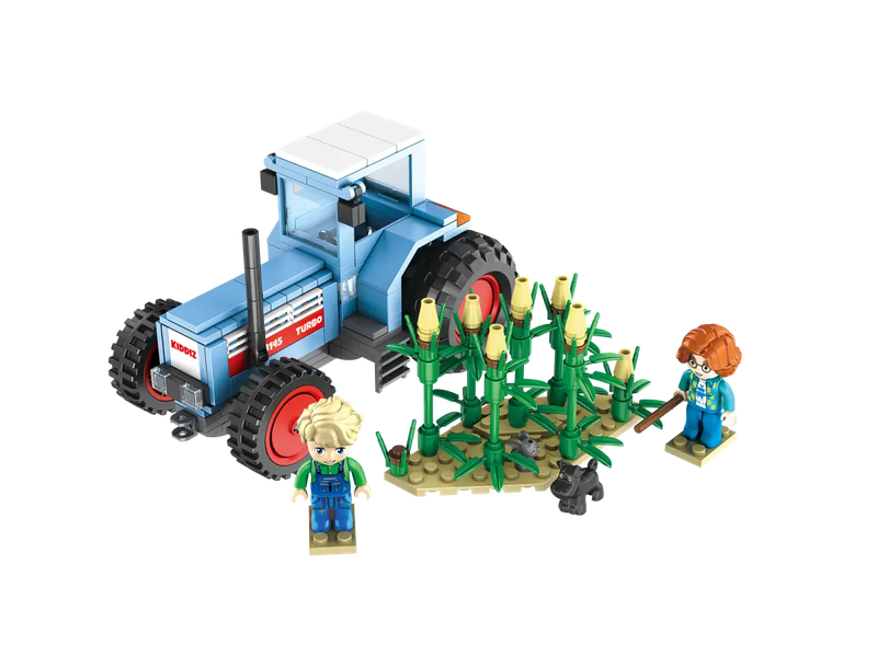 Der Turbo Tracktor aus Klemmbausteinen mit einem Feld und zwei Kiddiz Minifiguren
