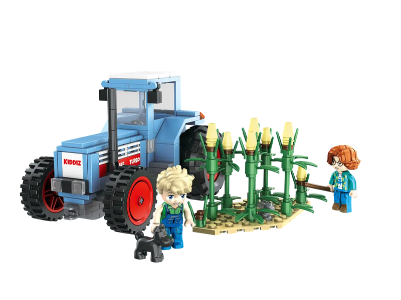 Der Turbo Tracktor aus Klemmbausteinen mit einem Feld und zwei Kiddiz MinifigurenDer Turbo Tracktor aus Klemmbausteinen mit einem Feld und zwei Kiddiz Minifiguren