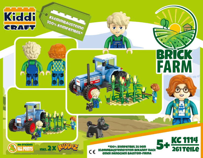 Der Turbo Tracktor aus Klemmbausteinen mit einem Feld und zwei Kiddiz Minifiguren