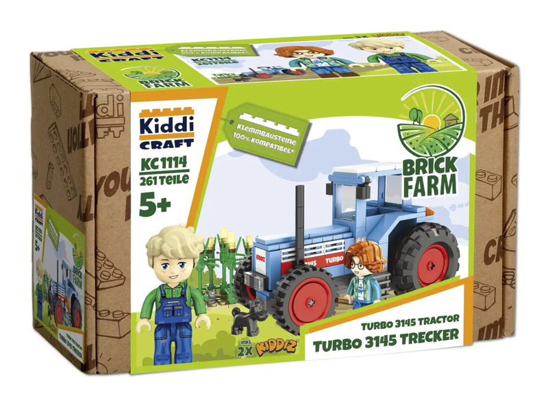 Der Turbo Tracktor aus Klemmbausteinen mit einem Feld und zwei Kiddiz Minifiguren